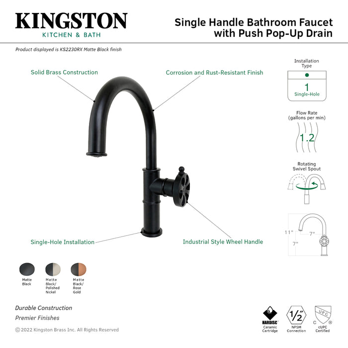 Kingston Brass KS2236RX Belknap One-Handle Single-Hole Bathroom Faucet with Push Pop-Up Drain, Matte Black/Polished Nickel
