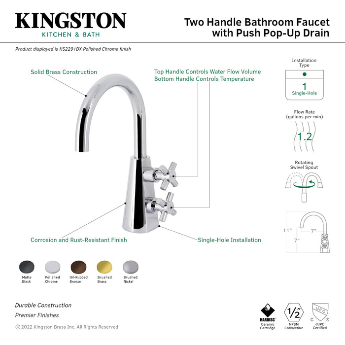 Kingston Brass KS2297DX Constantine Two-Handle Single-Hole Bathroom Faucet with Push Pop-Up Drain, Brushed Brass