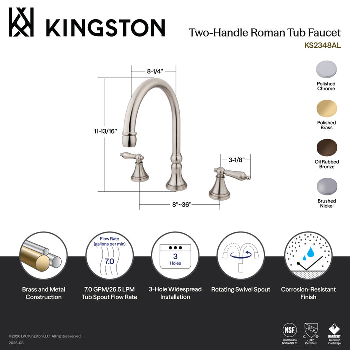 Kingston Brass KS2348AL Roman Two-Handle Deck Mount Roman Tub Faucet, Brushed Nickel