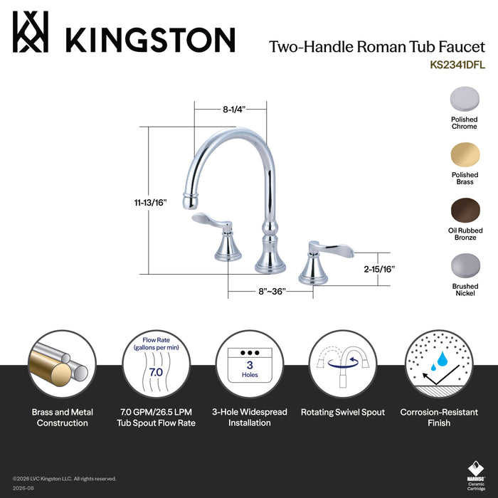 Kingston Brass KS2348DFL NuFrench Two-Handle Deck Mount Roman Tub Faucet, Brushed Nickel