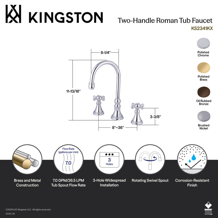 Kingston Brass KS2348KX Roman Two-Handle Deck Mount Roman Tub Faucet, Brushed Nickel