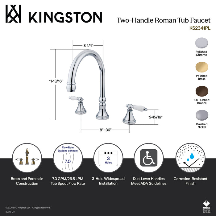 Kingston Brass KS2348PL Roman Two-Handle Deck Mount Roman Tub Faucet, Brushed Nickel
