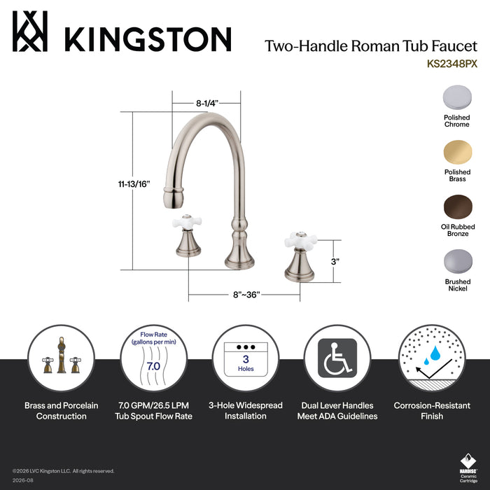 Kingston Brass KS2348PX Roman Two-Handle Deck Mount Roman Tub Faucet, Brushed Nickel