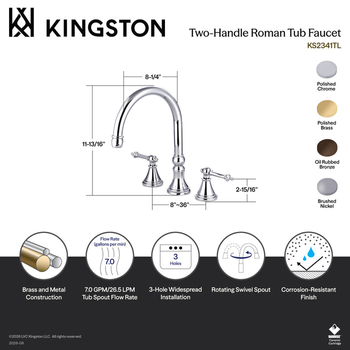 Kingston Brass KS2348TL Templeton Two-Handle Deck Mount Roman Tub Faucet, Brushed Nickel