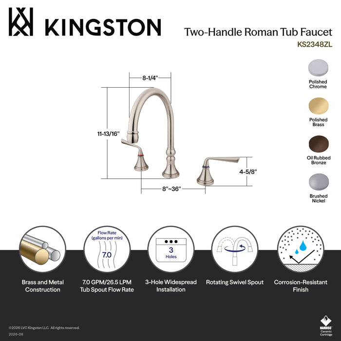 Kingston Brass KS2348ZL Silver Sage Two-Handle Deck Mount Roman Tub Faucet, Brushed Nickel