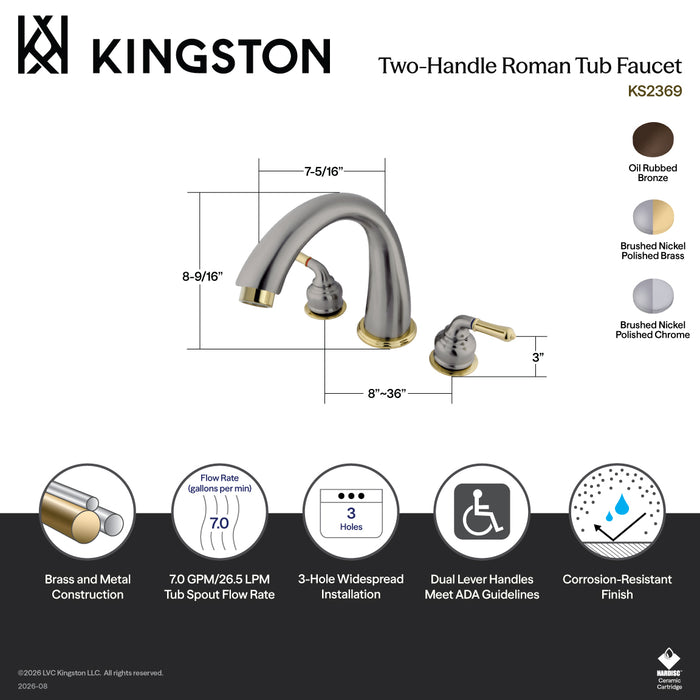Kingston Brass KS2369 Milano Two-Handle Deck Mount Roman Tub Faucet, Brushed Nickel/Polished Brass