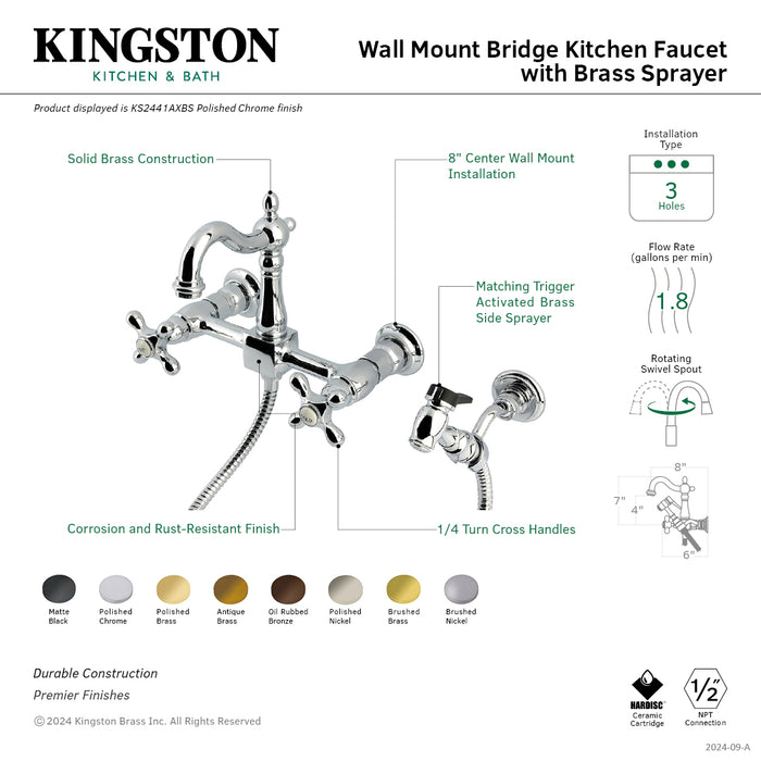 Kingston Brass KS2445AXBS Heritage Wall Mount Bridge Kitchen Faucet with Brass Sprayer, Oil Rubbed Bronze