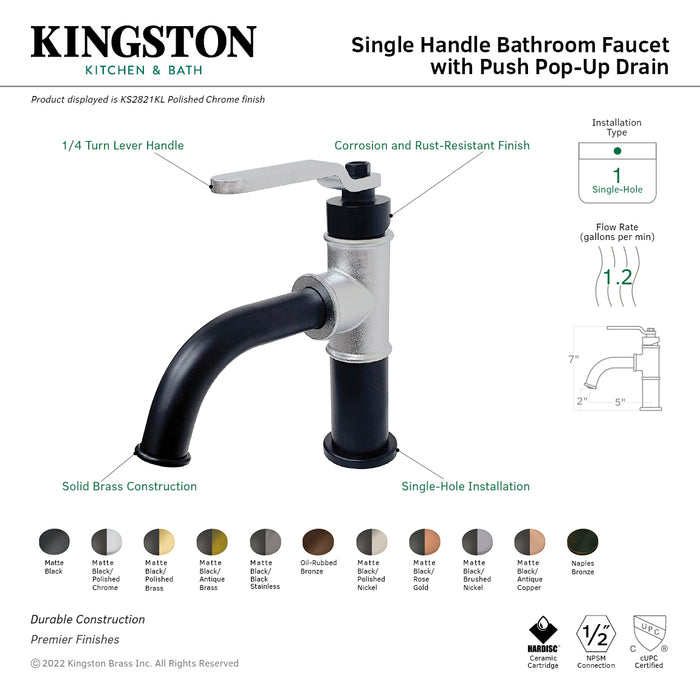 Kingston Brass KS2828KL Whitaker One-Handle Single-Hole Bathroom Faucet with Push Pop-Up Drain, Matte Black/Brushed Nickel