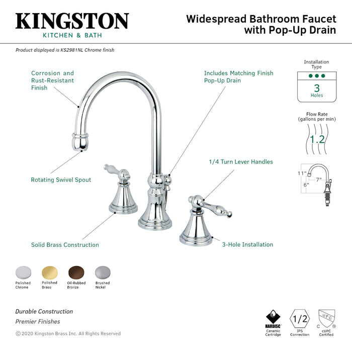 Kingston Brass KS2985NL Governor Widespread Bathroom Faucet with Brass Pop-Up Drain, Oil Rubbed Bronze