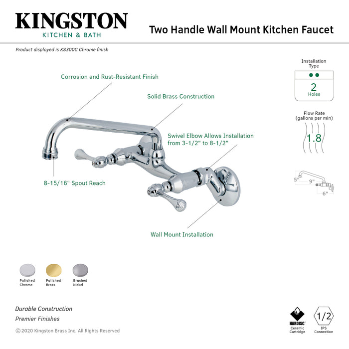 Kingston Brass KS300SN Kingston Double-Handle Wall-Mount Bridge Kitchen Faucet, Brushed Nickel