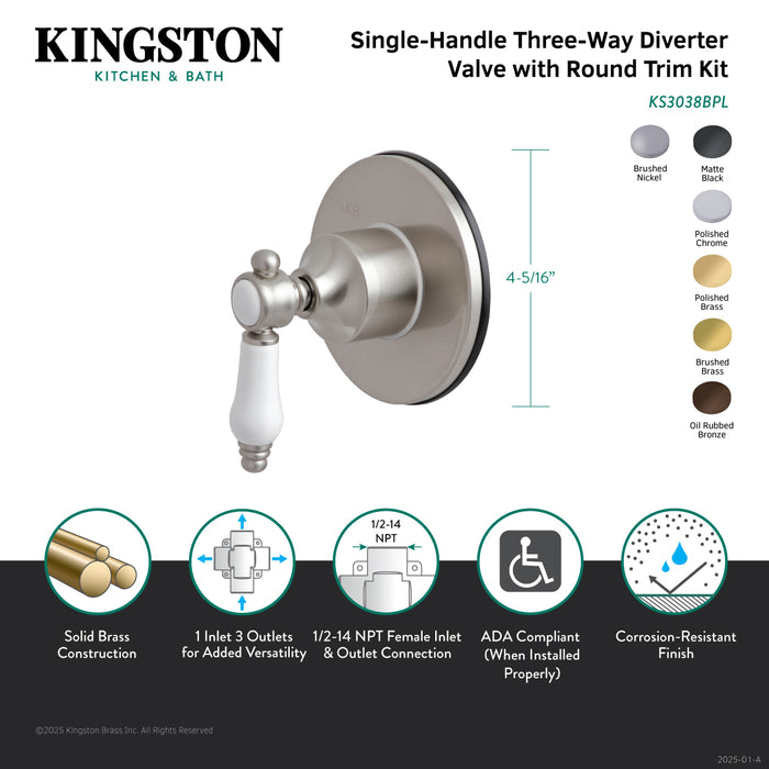 Kingston KS3035BPL Bel-Air Single-Handle Three-Way Diverter Valve with Round Trim Kit, Oil Rubbed Bronze