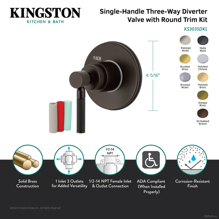 Kingston Brass KS3035DKL Kaiser Single-Handle Three-Way Diverter Valve with Round Trim Kit, Oil Rubbed Bronze