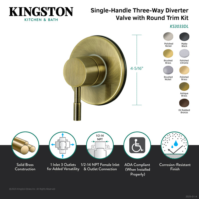 Kingston Brass KS3035DL Concord Single-Handle Three-Way Diverter Valve with Round Trim Kit, Oil Rubbed Bronze