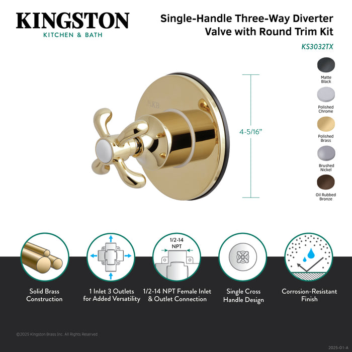 Kingston KS3035TX French Country Single-Handle Three-Way Diverter Valve with Round Trim Kit, Oil Rubbed Bronze