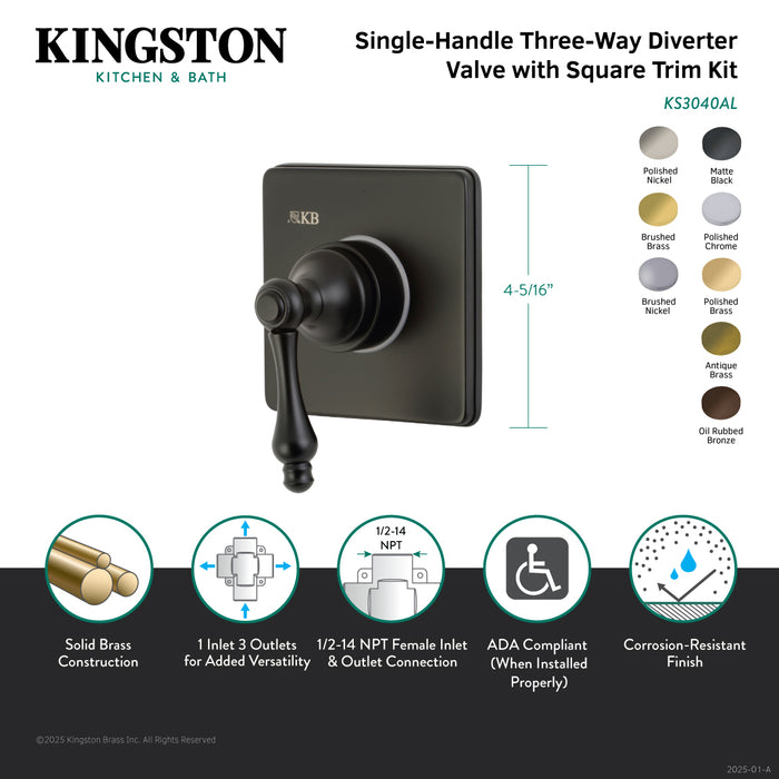 Kingston Brass KS3045AL  Single-Handle Three-Way Diverter Valve with Square Trim Kit, Oil Rubbed Bronze