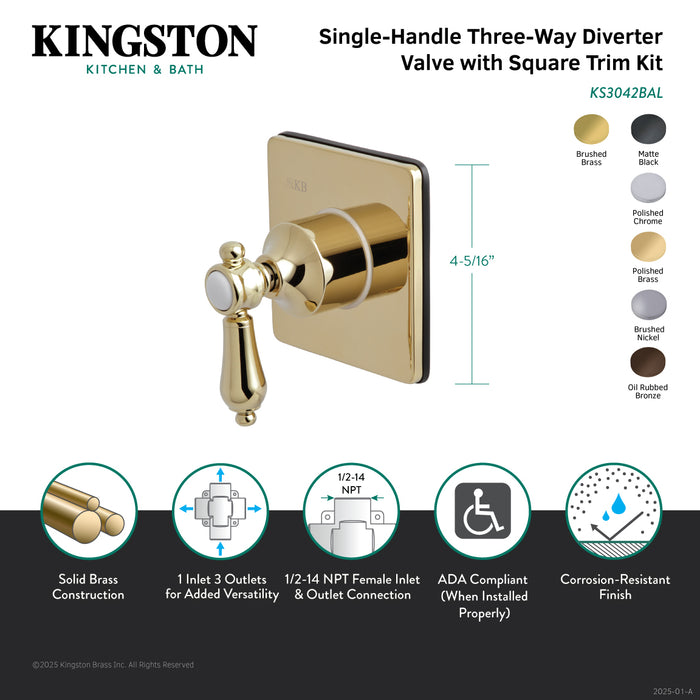 Kingston Brass KS3045BAL Heirloom Single-Handle Three-Way Diverter Valve with Square Trim Kit, Oil Rubbed Bronze