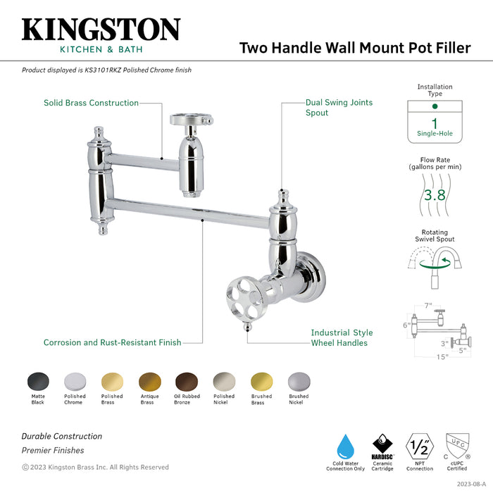 Kingston Brass KS3105RKZ Wendell Wall Mount Pot Filler with Knurled Handle, Oil Rubbed Bronze