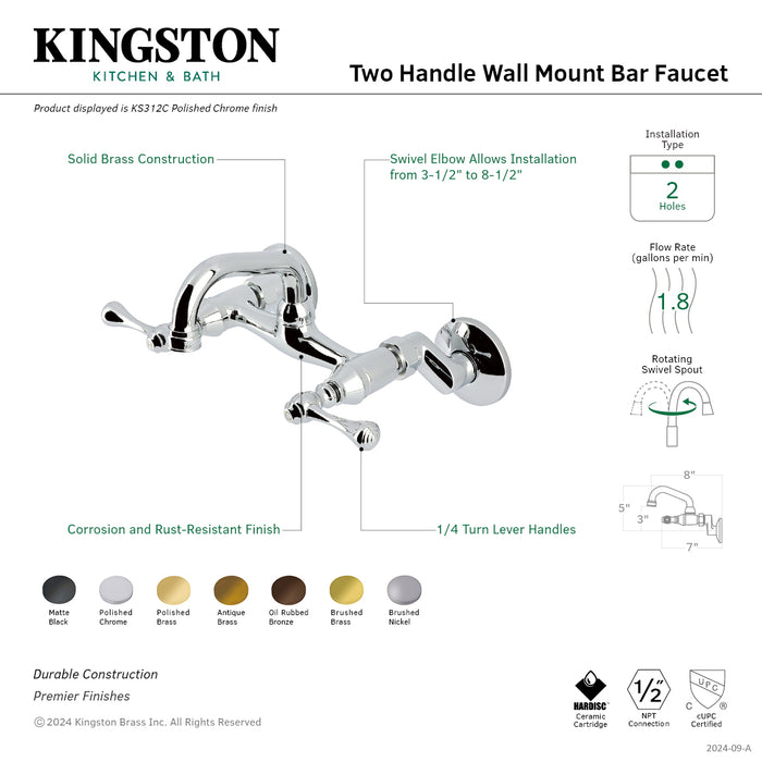 Kingston Brass KS312SN Kingston Double-Handle Wall Mount Bar Faucet, Brushed Nickel