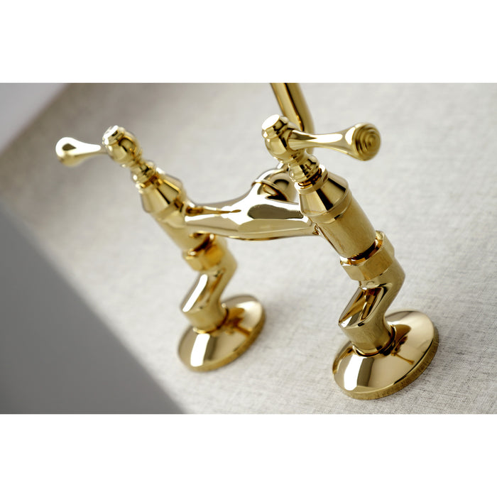 Kingston Brass KS313PB Kingston Double-Handle Wall-Mount Bridge Kitchen Faucet, Polished Brass