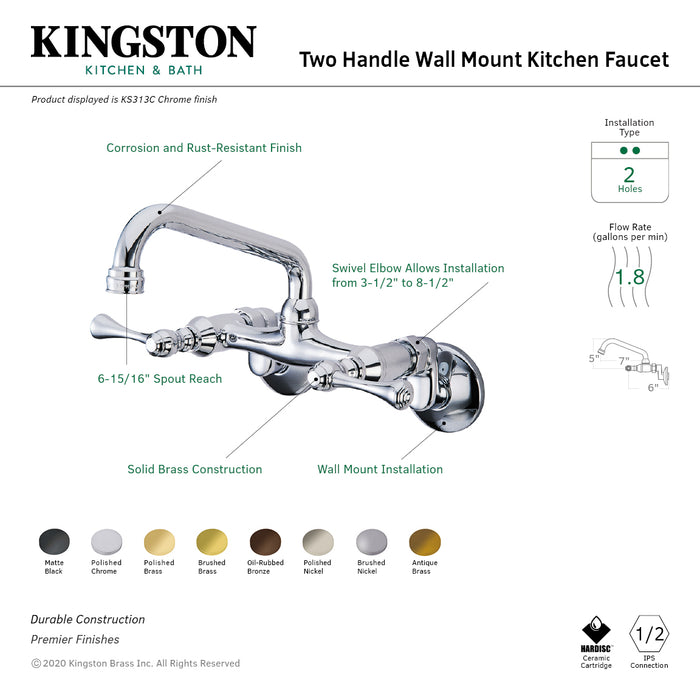 Kingston Brass KS313SN Kingston Double-Handle Wall-Mount Bridge Kitchen Faucet, Brushed Nickel
