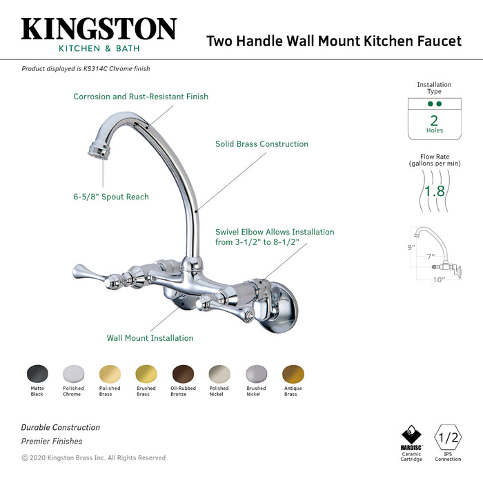 Kingston KS314AB Kingston Two-Handle Wall Mount Bridge Kitchen Faucet, Antique Brass