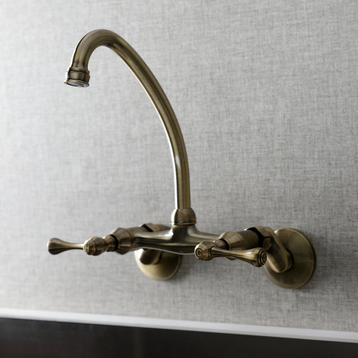 Kingston KS314AB Kingston Two-Handle Wall Mount Bridge Kitchen Faucet, Antique Brass