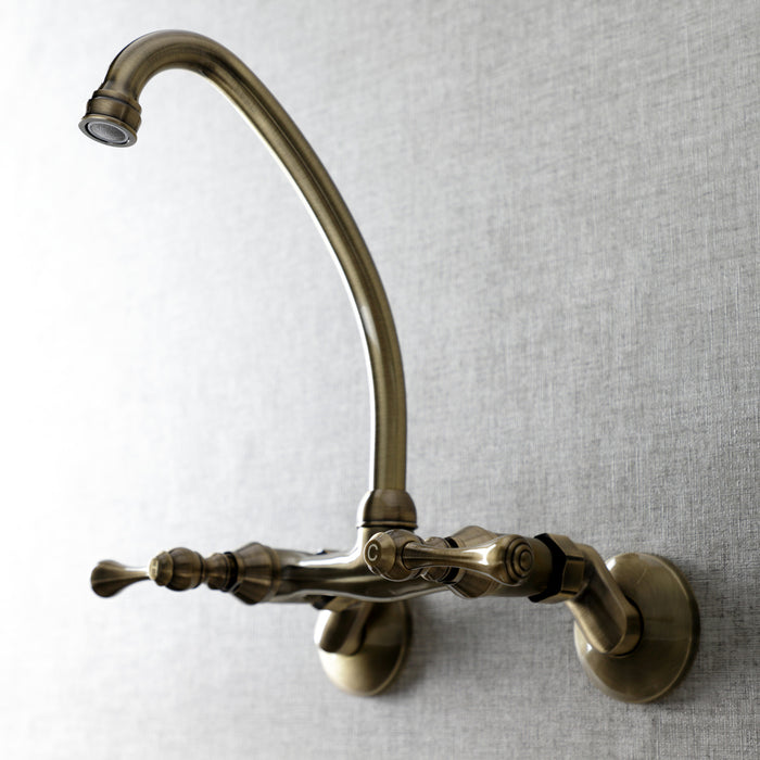 Kingston KS314AB Kingston Two-Handle Wall Mount Bridge Kitchen Faucet, Antique Brass