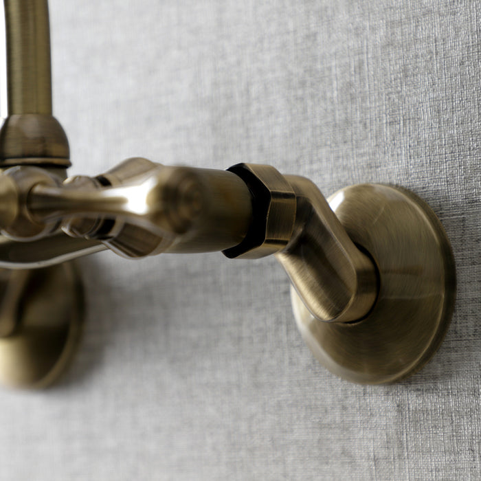 Kingston KS314AB Kingston Two-Handle Wall Mount Bridge Kitchen Faucet, Antique Brass
