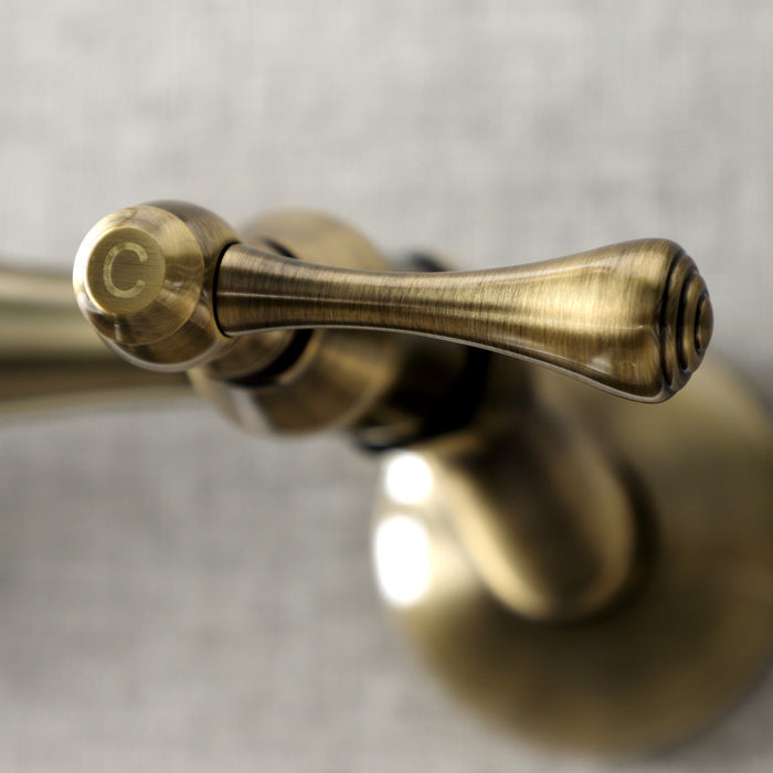 Kingston KS314AB Kingston Two-Handle Wall Mount Bridge Kitchen Faucet, Antique Brass