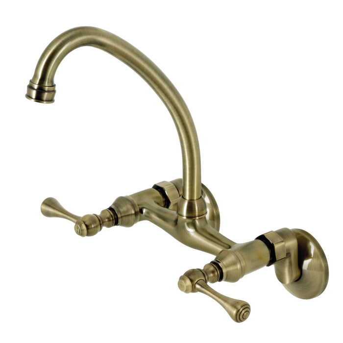 Kingston KS314AB Kingston Two-Handle Wall Mount Bridge Kitchen Faucet, Antique Brass