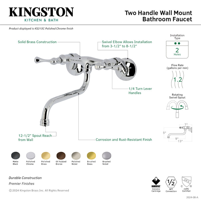 Kingston Brass KS315PB Kingston Double-Handle Wall Mount Bathroom Faucet, Polished Brass