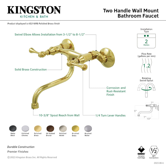 Kingston Brass KS316PB Kingston Double-Handle Wall Mount Bathroom Faucet, Polished Brass