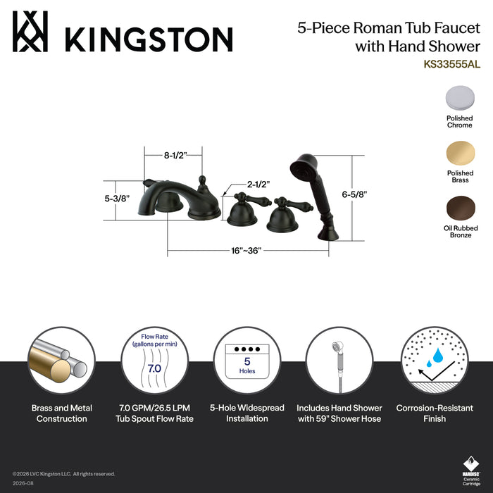 Kingston Brass KS33555AL Milano 5-Piece Roman Tub Faucet with Hand Shower, Oil Rubbed Bronze