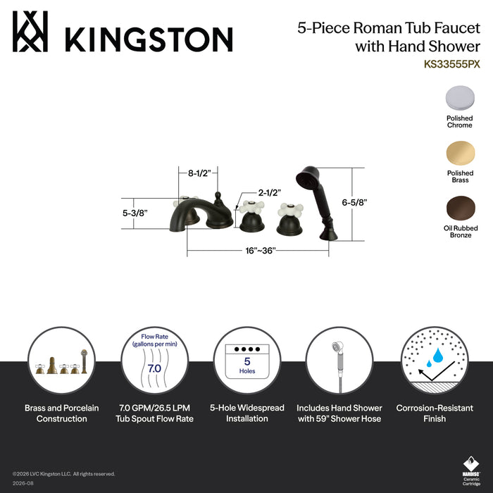 Kingston Brass KS33555PX Milano 5-Piece Roman Tub Faucet with Hand Shower, Oil Rubbed Bronze
