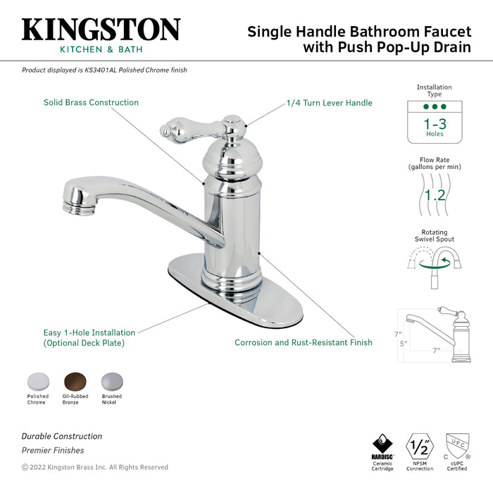 Kingston Brass KS3405AL Vintage One-Handle Single-Hole Bathroom Faucet with Deck Plate and Push Pop-Up Drain, Oil Rubbed Bronze