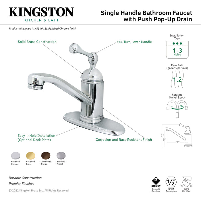 Kingston Brass KS3405BL  One-Handle Single-Hole Bathroom Faucet with Deck Plate and Push Pop-Up Drain, Oil Rubbed Bronze