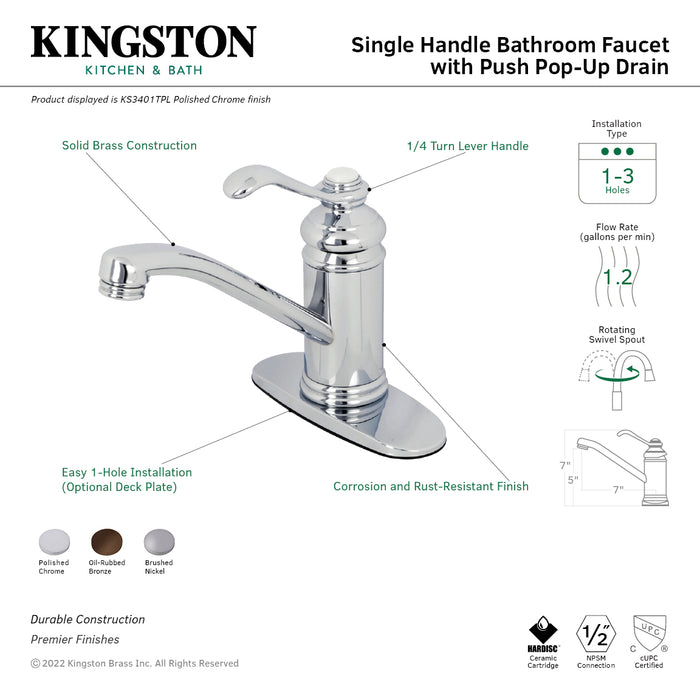 Kingston Brass KS3405TPL Templeton One-Handle Single-Hole Bathroom Faucet with Deck Plate and Push Pop-Up Drain, Oil Rubbed Bronze