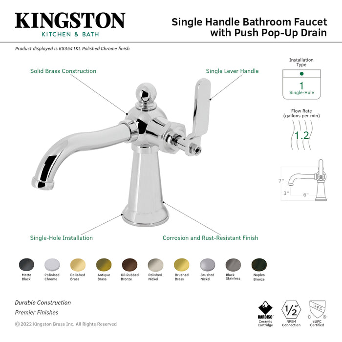 Kingston Brass KS3545KL Knight One-Handle Single-Hole Bathroom Faucet with Push Pop-Up Drain, Oil Rubbed Bronze