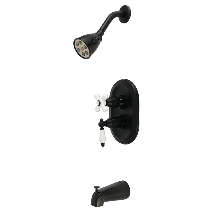 Kingston KS36300PL Restoration Double-Handle 3-Hole Thermostatic Tub and Shower Faucet with Diverter Spout, Matte Black