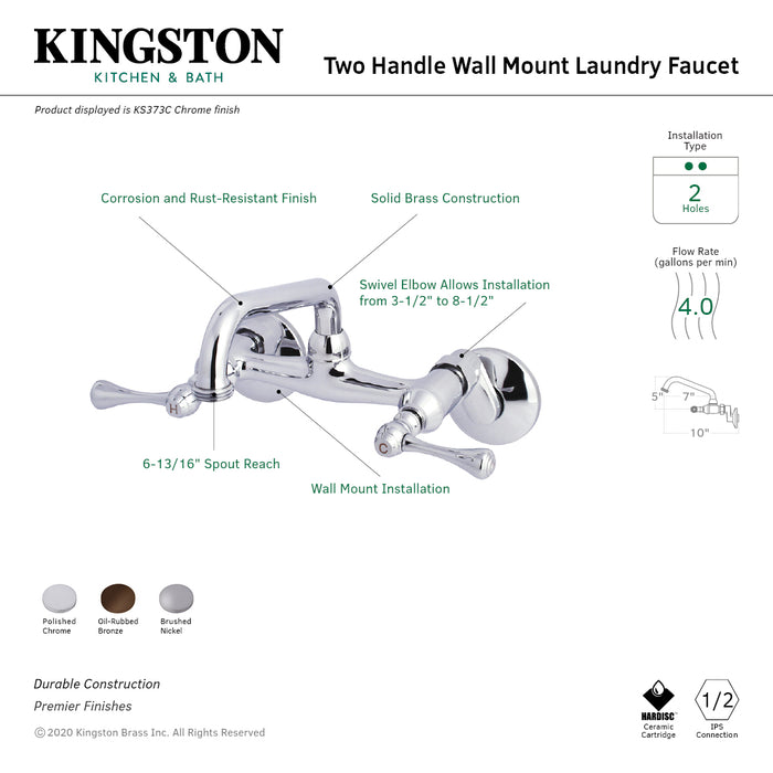 Kingston Brass KS373SN Kingston Double-Handle Wall Mount Laundry Faucet, Brushed Nickel