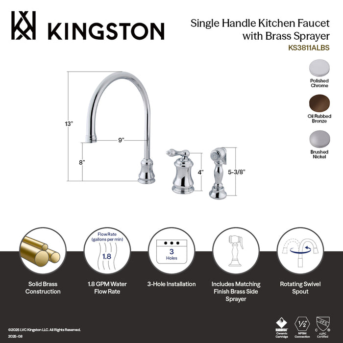 Kingston Brass KS3815ALBS Restoration Single-Handle Widespread Kitchen Faucet with Brass Sprayer, Oil Rubbed Bronze