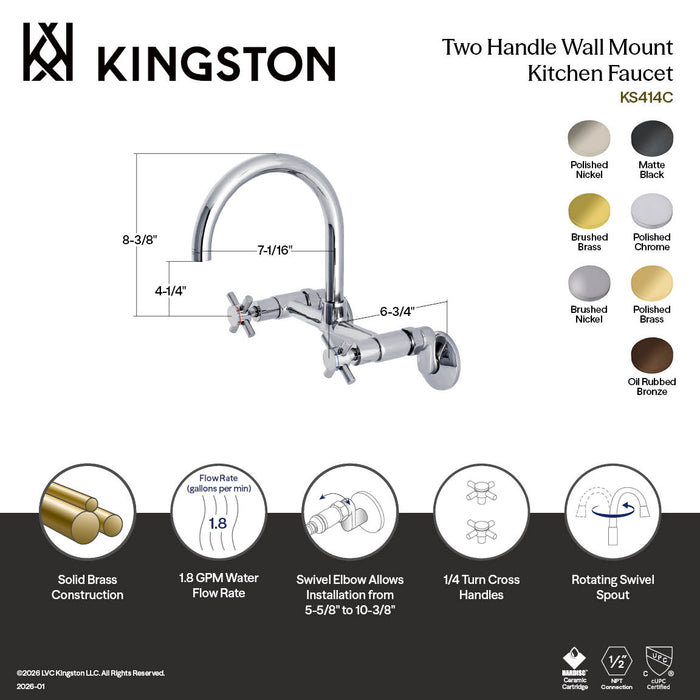 Kingston KS414PB Concord Two-Handle Wall Mount Kitchen Faucet, Polished Brass