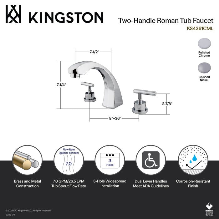 Kingston Brass KS4361CML Manhattan Two-Handle Deck Mount Roman Tub Faucet, Polished Chrome