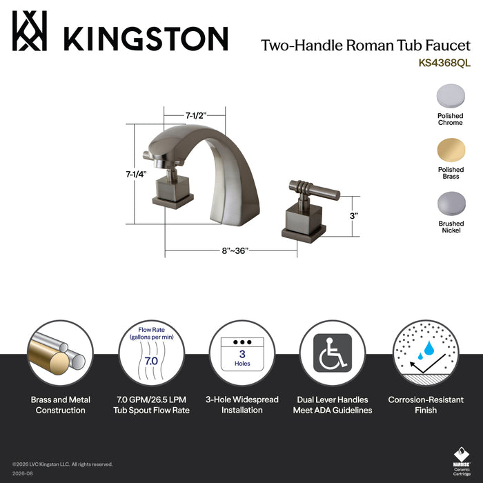 Kingston Brass KS4361QL Fortress Two-Handle Deck Mount Roman Tub Faucet, Polished Chrome