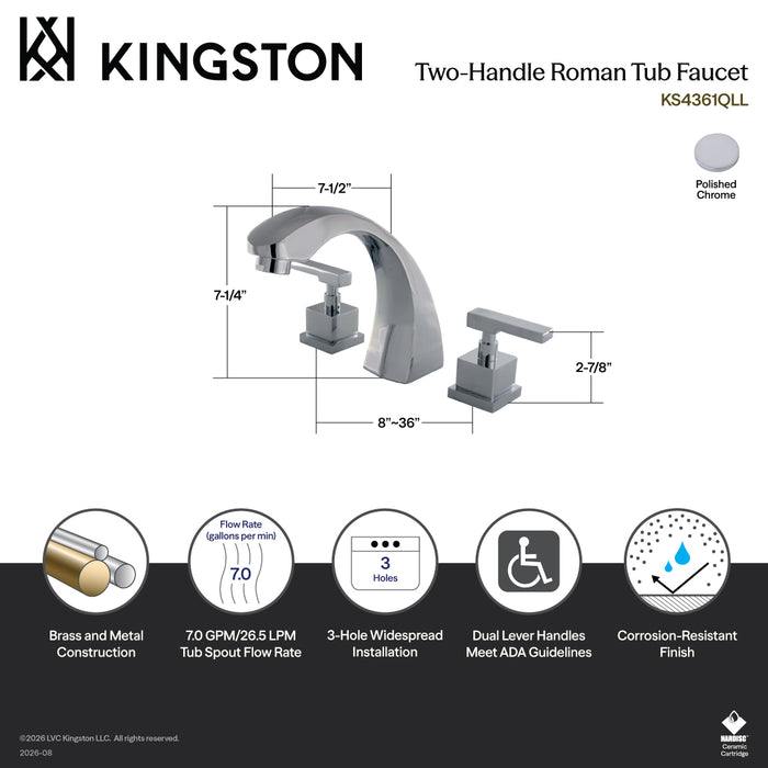 Kingston Brass KS4361QLL Executive Two-Handle Deck Mount Roman Tub Faucet, Polished Chrome