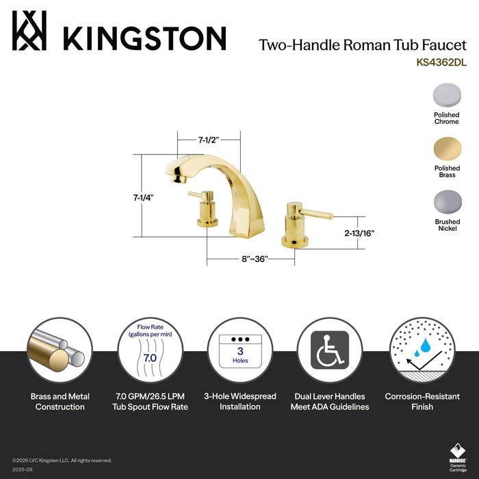 Kingston Brass KS4368DL Concord Two-Handle Deck Mount Roman Tub Faucet, Brushed Nickel