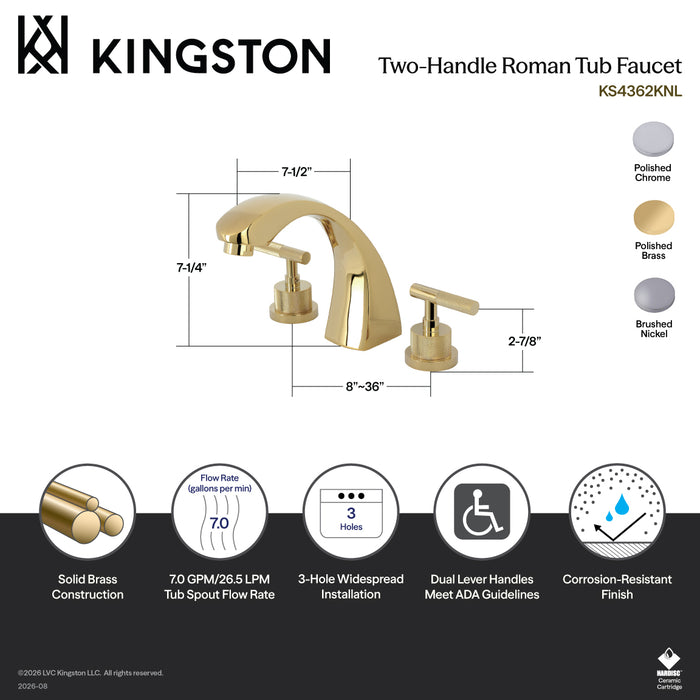 Kingston Brass KS4368KNL Convergent Two-Handle Deck Mount Roman Tub Faucet with Knurled Handle, Brushed Nickel