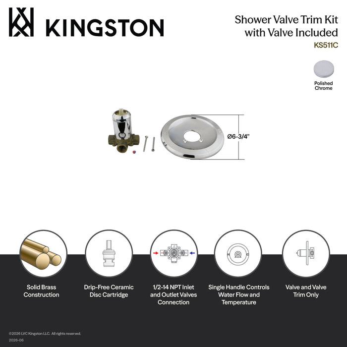 Kingston Brass KS511C Valve Trim Kit Only, Polished Chrome
