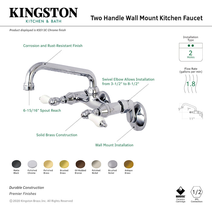 Kingston Brass KS513SN Kingston Double-Handle Wall-Mount Bridge Kitchen Faucet, Brushed Nickel