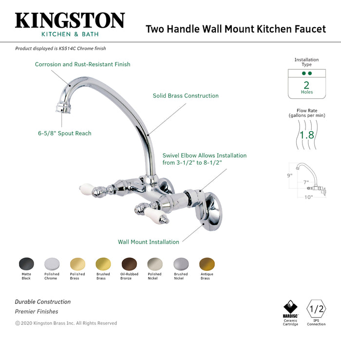 Kingston KS514SB Kingston Two-Handle Wall Mount Kitchen Faucet, Brushed Brass